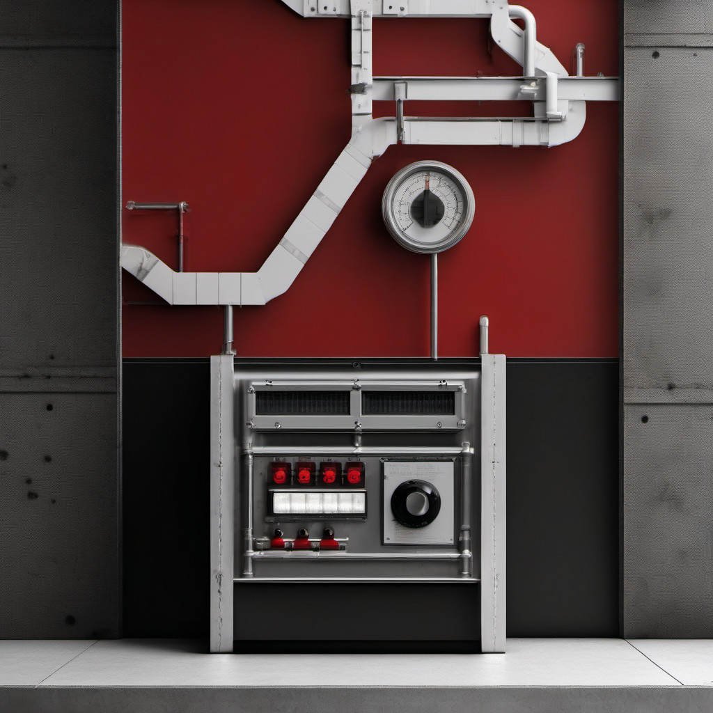 Brutalist single industrial LED bar meter pinned to the red zone, chrome bezel, matte obsidian slab background, high contrast, restrained palette of black, white and a single red accent, Swiss typographic composition