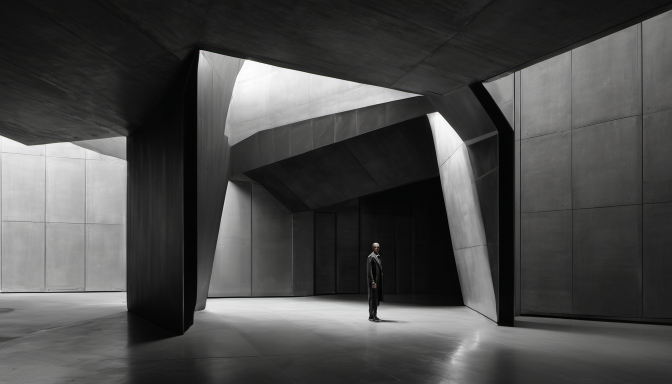 Brutalist monumental faceted archway portal receding into perspective, segmented trapezoidal slabs of cool steel, one small human silhouette at the base for scale, single hard rim-light from upper left, deep black background, no gradients, no warmth, restrained graphite and cool steel palette