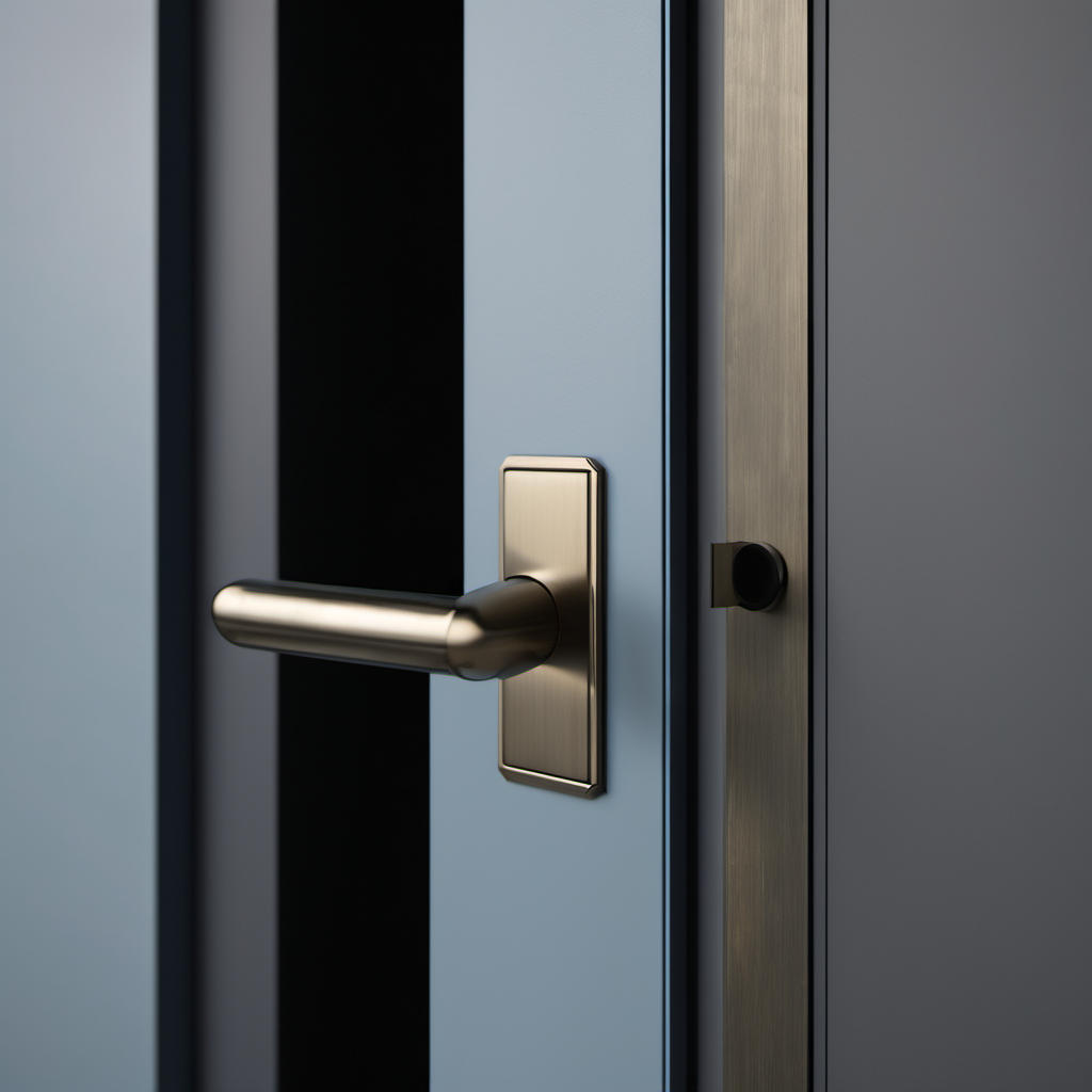 Polished chrome doorknob with a small brass 'HELP DESK OPEN' placard beside it, single black-gloved hand reaching past the threshold for the knob, stark black background, single hard rim-light, restrained graphite and cool steel palette with a cool blue accent, no gradients, no warmth