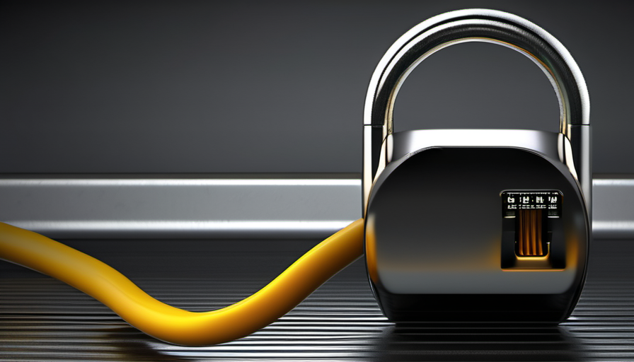 Thick steel padlock with shackle closed lying flat on brushed graphite, three severed network cables emerging from beneath it cut flush at the lock body, single hard rim-light from the upper left, restrained graphite and cool steel palette with a small warm-amber LED on the padlock body as the only accent, no gradients, no people, no text