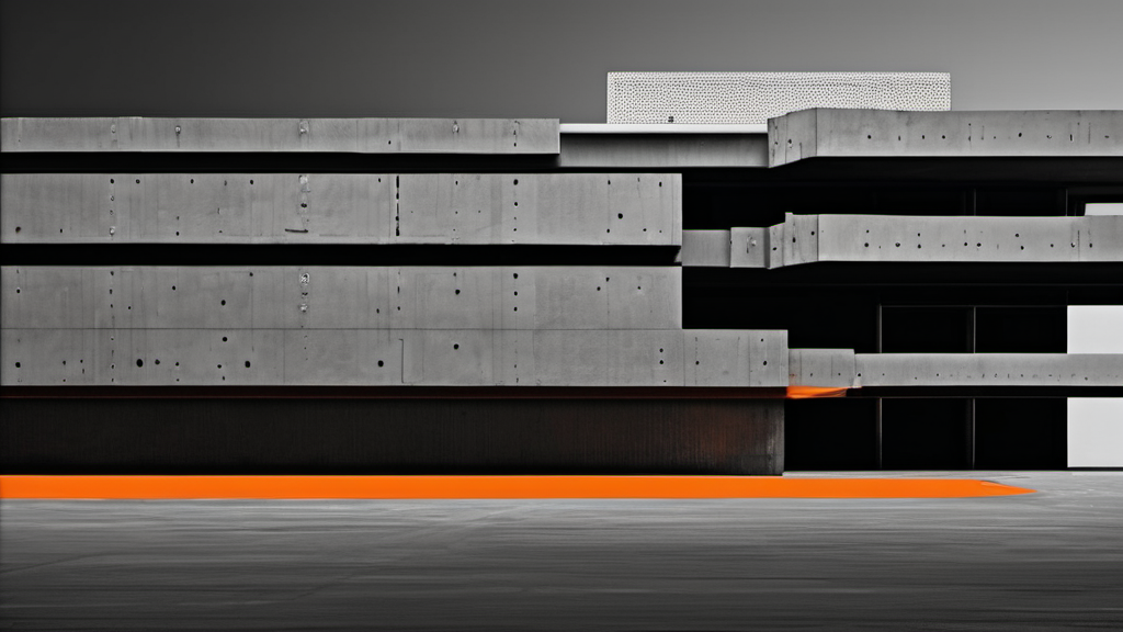 Abstract brutalist composition, dark matte concrete occupying the left two thirds, polished obsidian slab on the right, single thin amber horizontal rule bisecting the frame, restrained architectural geometry, massive grayscale blocks, hard rim light from upper left, no people, no logos, no text, no photographic content