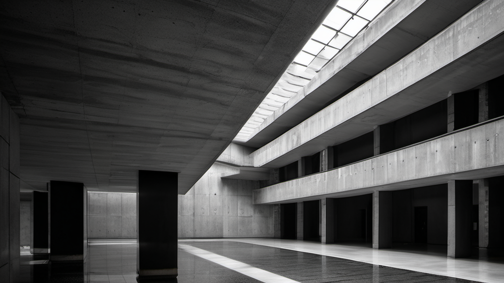 Stark brutalist government building interior, empty long concrete corridor stretching into deep shadow, polished granite floor reflecting overhead fluorescent light, single red government rubber-stamp mark in top-right as a graphic element, high contrast monochrome black and white with single accent of federal blue, hard institutional lighting from above, massive grayscale concrete blocks, sharp architectural geometry, no people, no human warmth