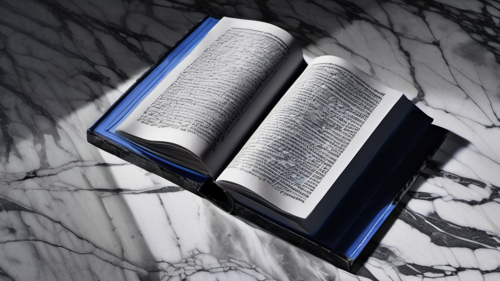 Top-down editorial still life of an open book lying flat on black marble, white pages covered in dense broken text that fades into illegible gibberish on the right page, hairline cracks running across the right page like shattered glass, a small cobalt blue stamp pressed into the upper right corner of the page, hard overhead institutional light, high contrast monochrome with a single cobalt accent, no people, no warmth, brutalist architectural geometry