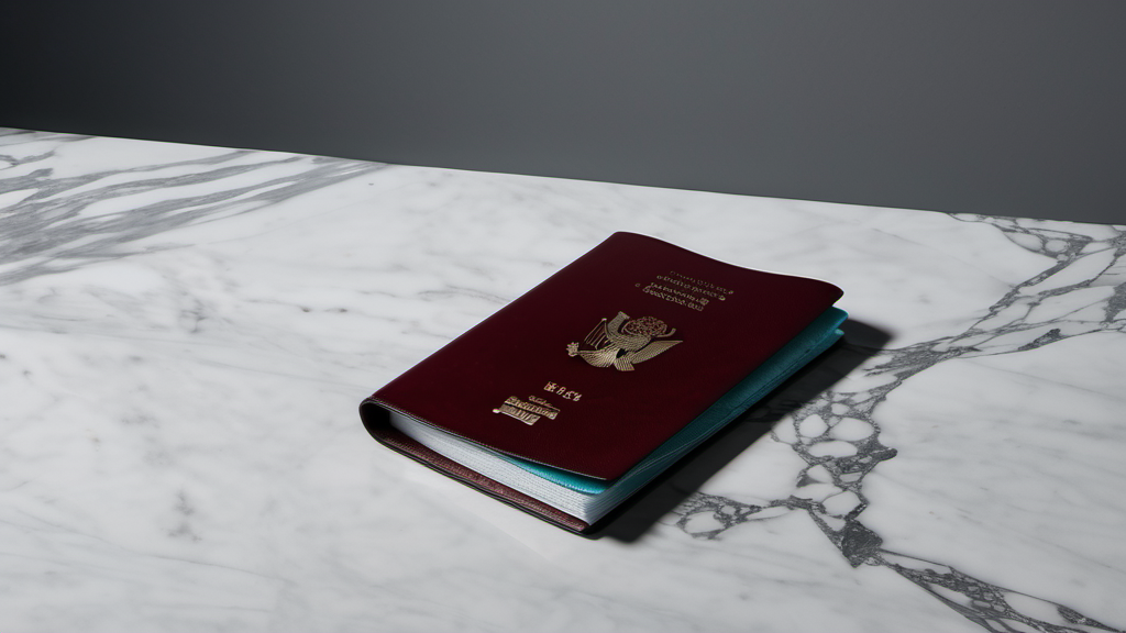 Clean editorial still of a redacted passport lying flat on black marble, a government-issued DISABLED stamp pressed across the photo page in bold red ink, hard overhead institutional light casting sharp shadows, high-contrast monochrome with a single cyan accent on the stamp border, brutalist architectural geometry in the background, no people, no warmth
