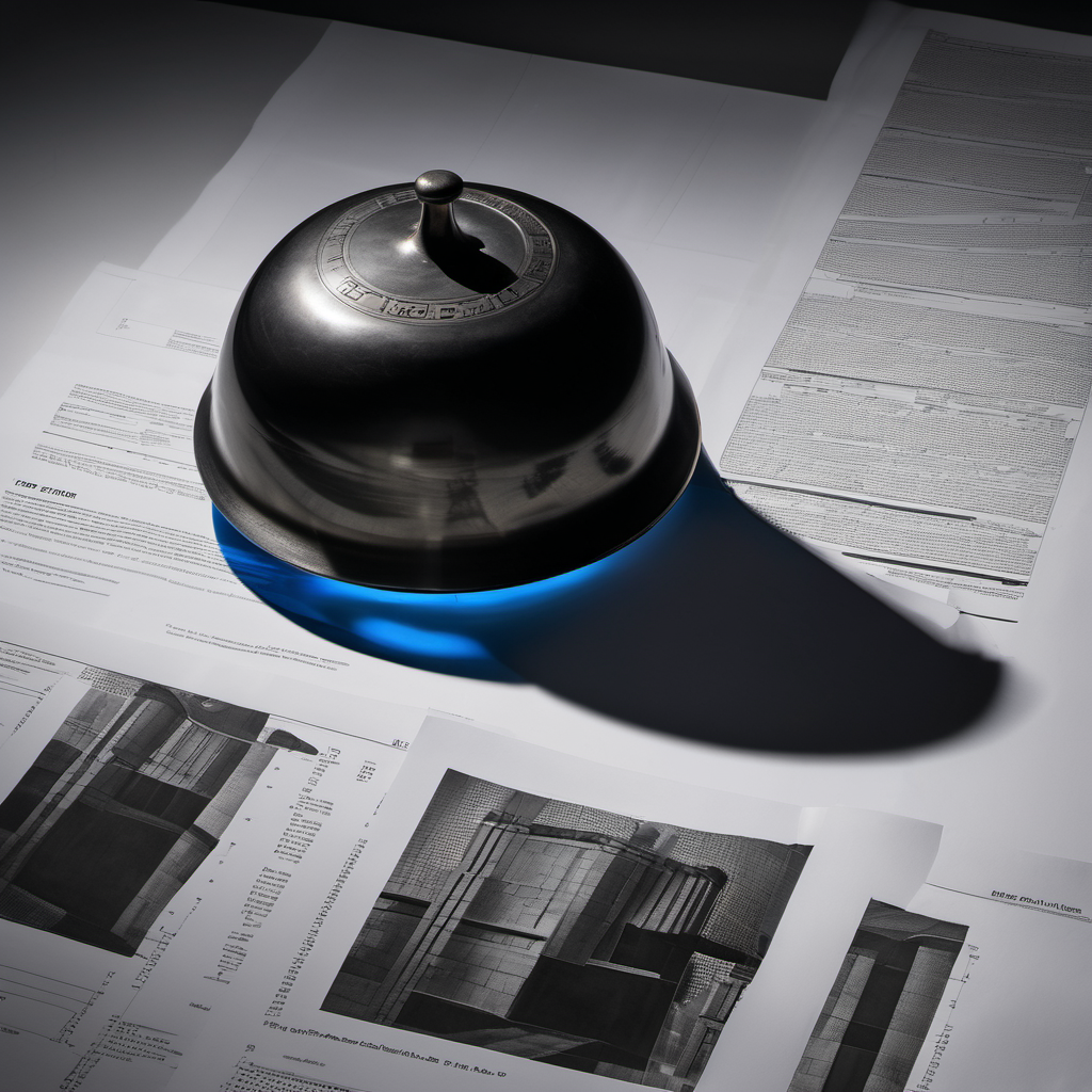 Top-down editorial still life of a Wall Street trading floor bell on black marble, the bell cast in polished titanium with a faint blue LED glow inside, a stack of three S-1 filing documents beside it with redacted lines visible, harsh overhead institutional light, high contrast monochrome with a single cobalt accent, no people, no warmth, brutalist architectural geometry