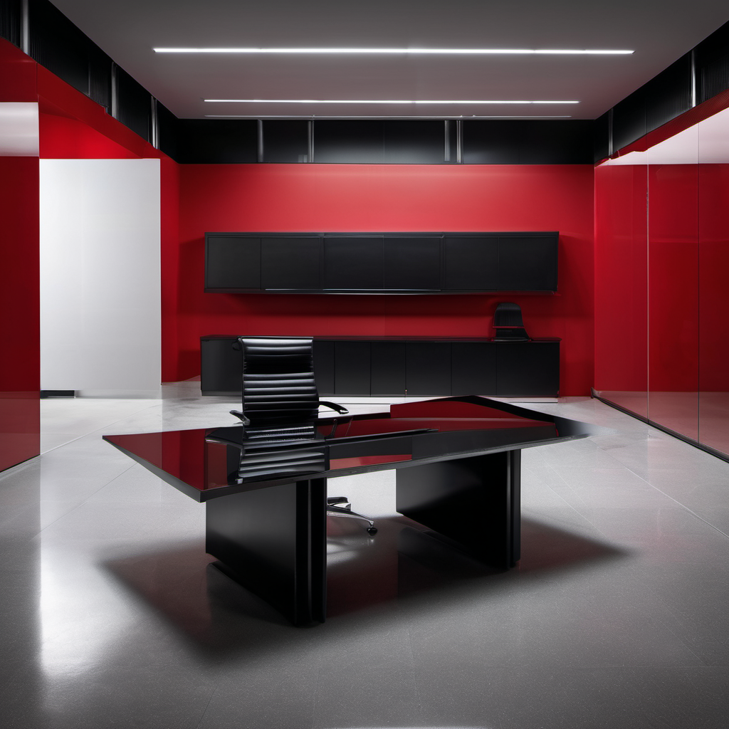 Brutalist corporate still life: matte black executive desk viewed dead-on from a low angle, a small glass trophy shaped like a customer-service headset on the desk, a single thin red horizontal stripe across a pure-black wall, hard overhead institutional light, monochrome with red accent, no people, no warmth