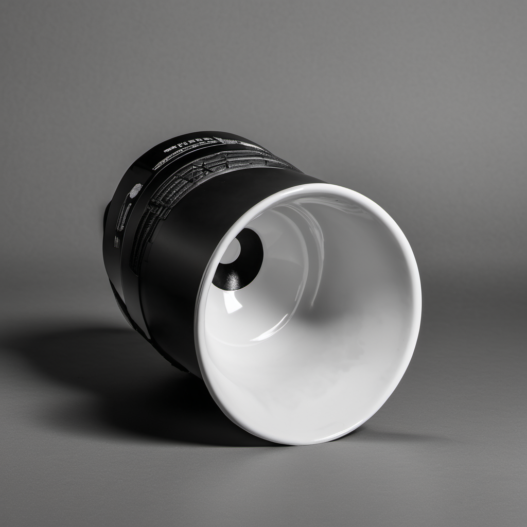 Brutalist black rocket nozzle, mouth-forward, lower two-thirds of the frame; small white ceramic mug with thin black cursor 'C' mark resting off-center on the rim; pure black background with a single thin red horizontal stripe across the upper third; hard overhead institutional light casting the mug's shadow straight down into the nozzle