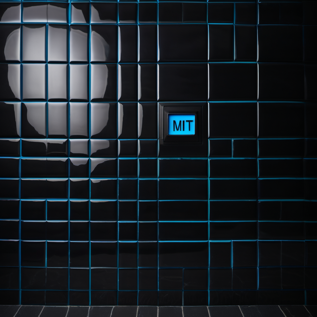 Brutalist still life: matte black ceramic tile stack viewed dead-on, the upper tile engraved with the single word 'MIT' in thin sans-serif letters, a small cobalt-blue glass paperweight shaped like a key resting off-center on the rim, pure black background with a single thin cyan horizontal stripe across the upper third, hard overhead institutional light casting the key's shadow straight down onto the tile face, no people, no warmth, monochrome with cyan accent