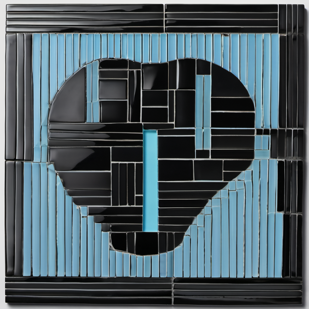 Brutalist still life: matte black ceramic tile stack viewed dead-on, the upper tile engraved with the single word 'LEAK' in thin sans-serif letters, a small cobalt-blue glass paperweight shaped like a key with a thin red thread running through it resting off-center on the rim, pure black background with a single thin cyan horizontal stripe across the upper third, hard overhead institutional light casting the key's shadow straight down onto the tile face, no people, no warmth, monochrome with cyan accent