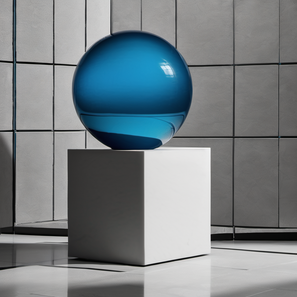 Brutalist still life: matte black ceramic tile engraved with a single thin white line coiled into a folded protein-ribbon helix that unwinds toward one edge, a small cobalt-blue glass sphere resting off-center on the tile rim, pure black background with a single thin cyan horizontal stripe across the upper third, hard overhead institutional light, no people, monochrome with cyan accent