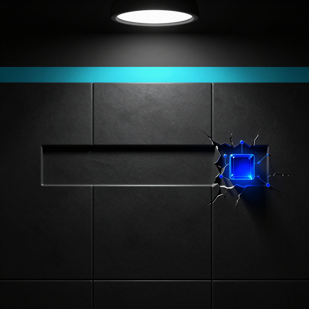 Brutalist still life: matte black ceramic tile engraved with a single empty rectangular search input box whose right edge cracks and dissolves into a small cluster of interlinked nodes, one node a glowing cobalt-blue glass cube, pure black background with a single thin cyan horizontal stripe across the upper third, hard overhead institutional light, no people, monochrome with cyan accent