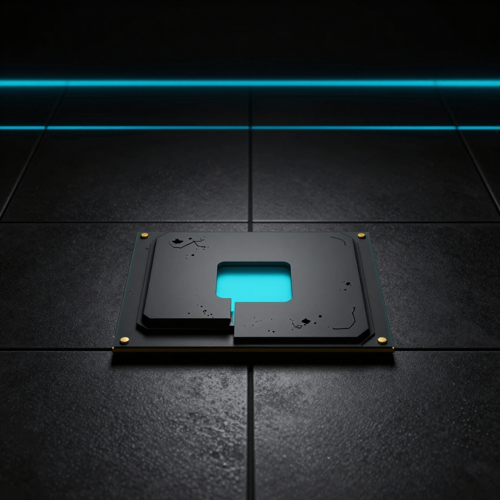 Brutalist still life: a single matte black silicon processor chip lying flat on a matte black ceramic tile, one clean rectangular section sliced out of its core and lifted away leaving an empty cavity that glows cobalt cyan, the remaining chip body intact and scarred, pure black background with a single thin cyan horizontal stripe across the upper third, hard overhead institutional light, no people, monochrome with cyan accent
