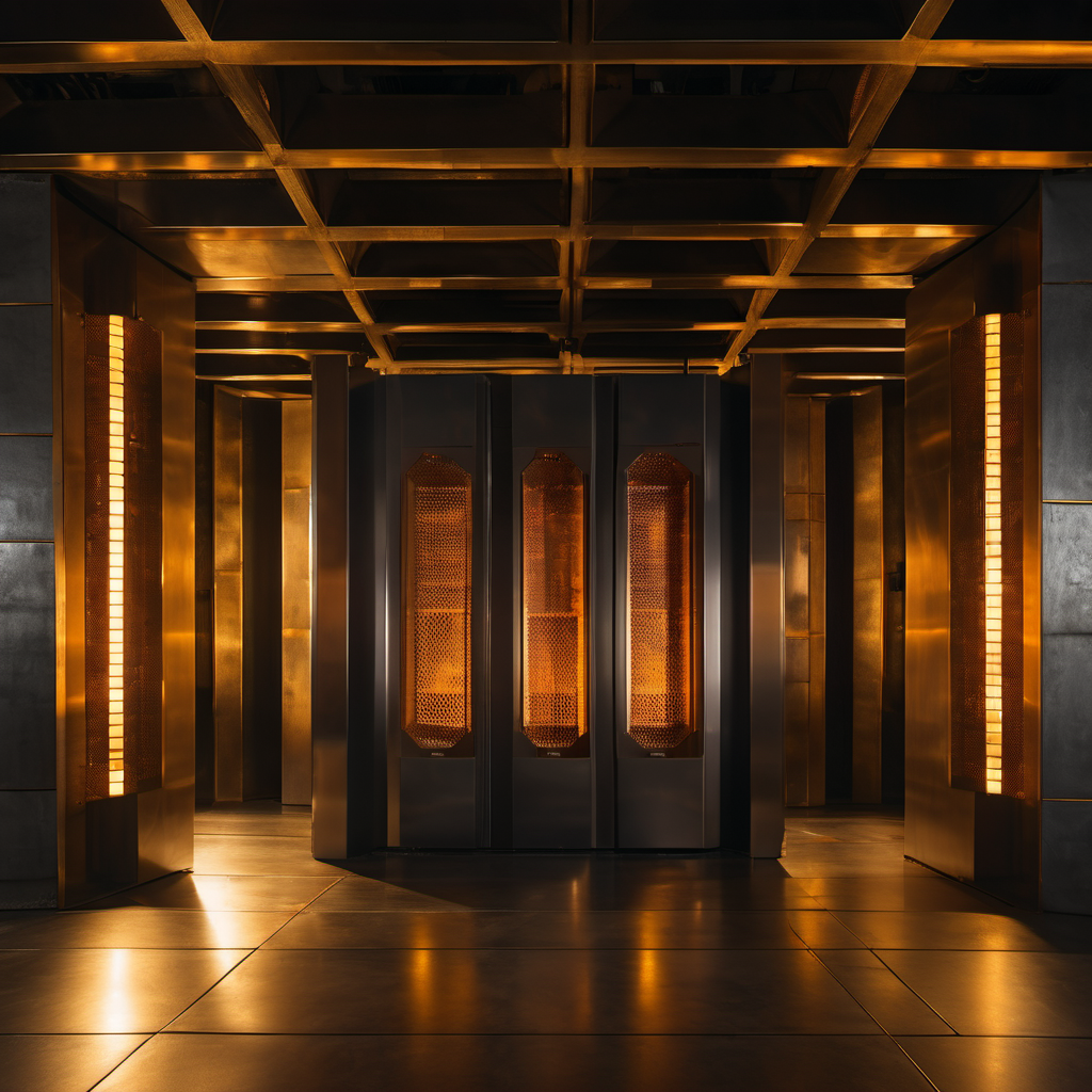 Brutalist obsidian server vault with luminous golden mesh panels, symmetrical high-security architecture, dark titanium and amber lighting, cinematic interior