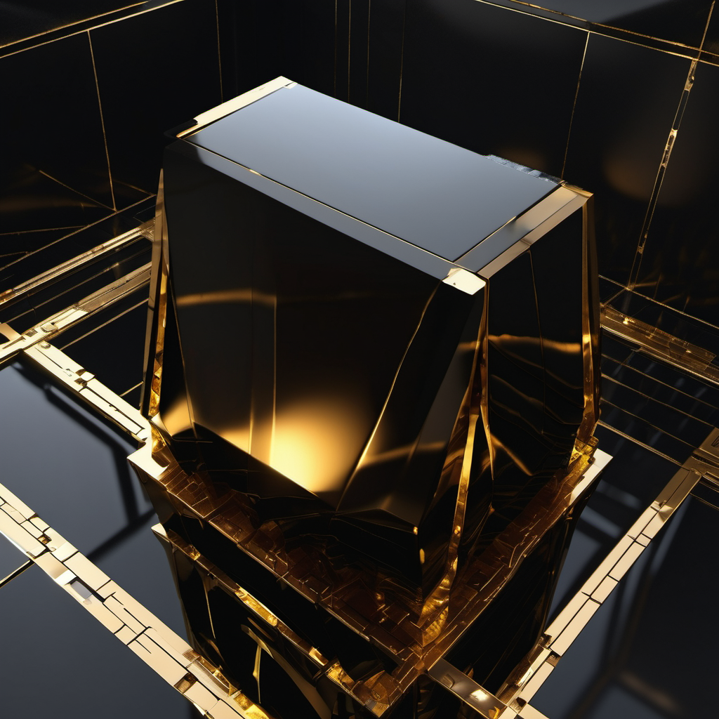 Brutalist obsidian monolith with luminous golden neural network circuitry embedded in dark titanium surface, high contrast architectural photography