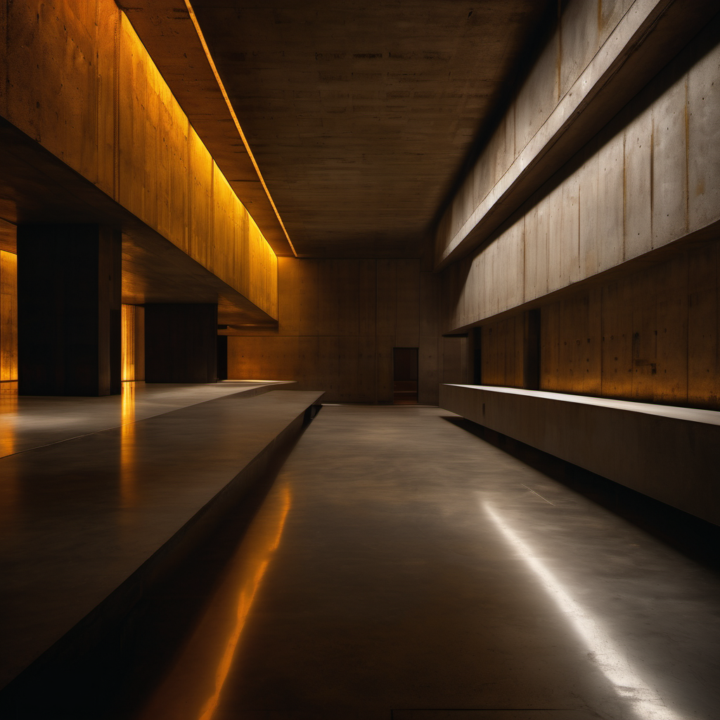 Brutalist server hall with amber-lit terminal rows, concrete pillars, autonomous code streams projected onto raw walls